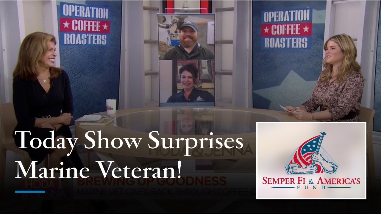 Load video: Hoda and Jenna surprise Marine veteran Sam Floyd, founder of Operation Coffee, on NBC's TODAY Show